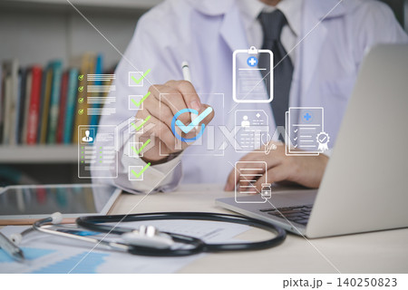 Doctor using digital checklist for patient medical records, symbolizing healthcare management, hospital system, electronic health record, medical documentation, and treatment planning. 140250823