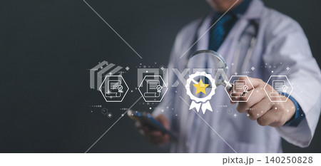 Doctor holding magnifying glass showing certification badge medical certificate healthcare compliance digital award qualification hospital standard assurance concept innovation. Doctor holding magnifying glass showing certification badge medical certificate healthcare compliance digital award qualification hospital standard assurance concept innovation. 140250828
