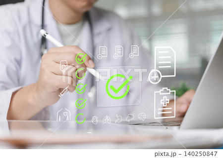 Doctor hand holding pen marking green check mark virtual screen hospital. Medical insurance approval concept. Healthcare service quality control success correct standard digital exam. Doctor hand holding pen marking green check mark virtual screen hospital. Medical insurance approval concept. Healthcare service quality control success correct standard digital exam. 140250847