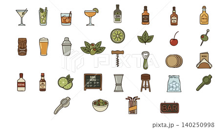 Bar and cocktail vector icon set. Colorful illustrations of alcohol bottles, glasses, shaker, bar tools and ingredients. Flat line art design elements Bar and cocktail vector icon set. Colorful illustrations of alcohol bottles, glasses, shaker, bar tools and ingredients. Flat line art design elements 140250998