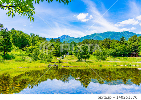【長野県】国営アルプスあづみの公園　水辺の休憩所から眺める北アルプス 140251370