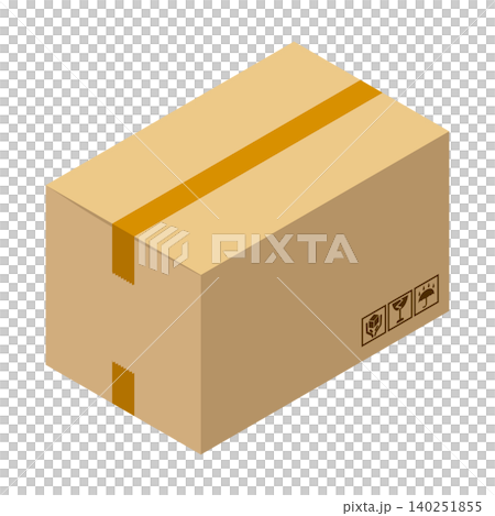 Isometric illustration of a brown cardboard box with a care mark. Isometric illustration of a brown cardboard box with a care mark. 140251855