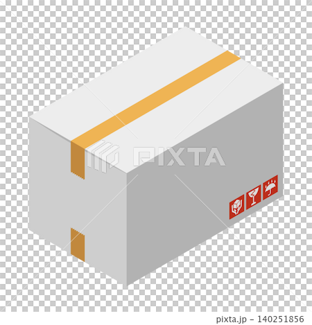 Isometric illustration of a white cardboard box with a care mark. Isometric illustration of a white cardboard box with a care mark. 140251856