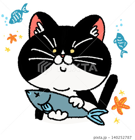 お魚を持ったハチワレ猫ちゃん 140252787