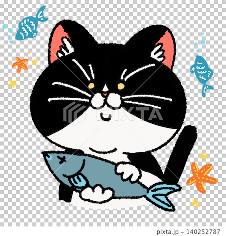 お魚を持ったハチワレ猫ちゃん 140252787