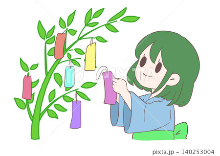 七夕飾りをする浴衣の女の子 茶髪・緑浴衣 七夕飾りをする浴衣の女の子 茶髪・緑浴衣 140253004