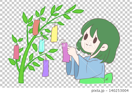 一位身穿浴衣的女孩正在裝飾七夕節（星節）。她有著棕色的頭髮，穿著綠色的浴衣。 140253004