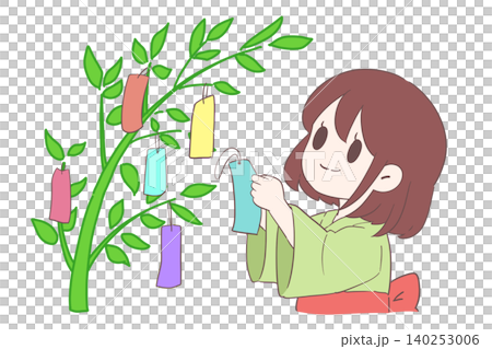 七夕竹製裝飾品和帶有彩色插圖的許願條 七夕竹製裝飾品和帶有彩色插圖的許願條 140253006