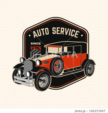 Vintage Classic Car Service Badge with Antique Automobile. Retro Automotive Garage 140253947
