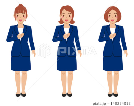 [全身]「お任せください」カットソーにネイビースカートスーツの若い女性 140254012