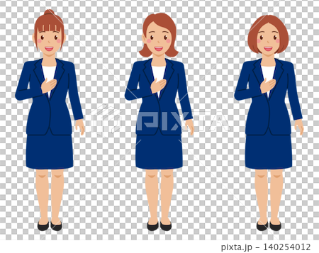 [全身]「お任せください」カットソーにネイビースカートスーツの若い女性 140254012