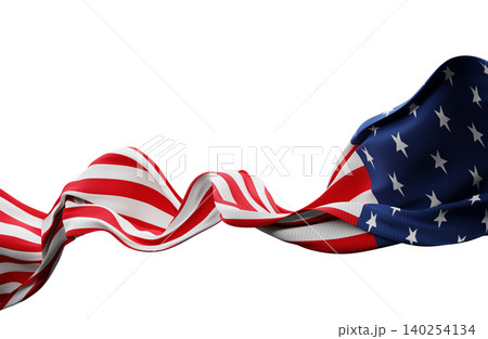 American flag ribbon flowing in the wind isolated on white background  with copy space for 4th of july America Independence day banner 3D render 140254134