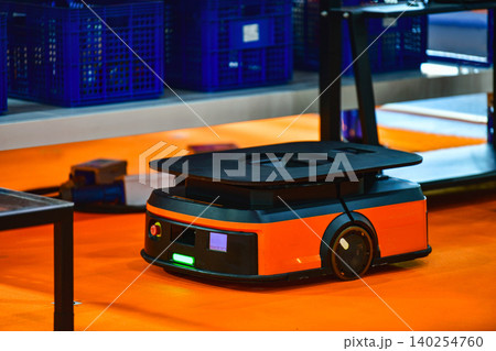 Autonomous mobile robot AMR navigating through modern smart warehouse floor. 140254760