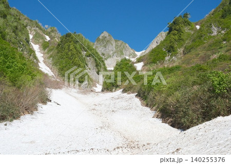 緑に包まれた雪渓と岩峰の初夏の山景 緑に包まれた雪渓と岩峰の初夏の山景 140255376