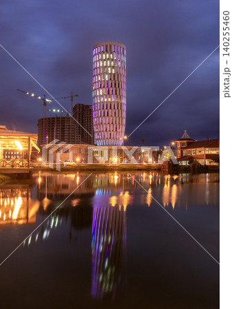 Modern High Rise Building with Reflection at Night in Batumi Georgia Modern High Rise Building with Reflection at Night in Batumi Georgia 140255460