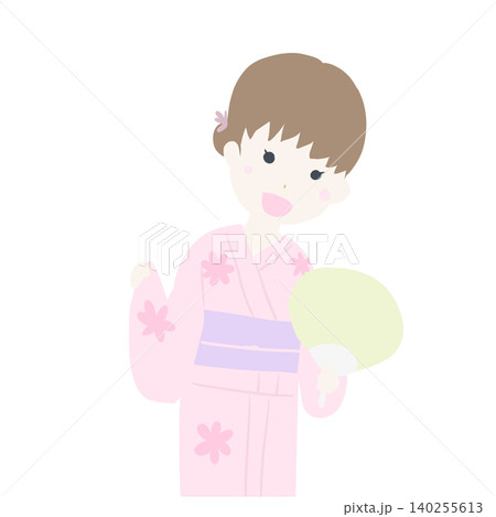浴衣を着てうちわを持ち、笑顔で微笑む女の子のイラスト 浴衣を着てうちわを持ち、笑顔で微笑む女の子のイラスト 140255613