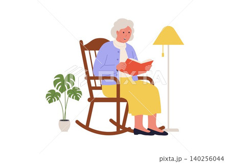 Illustration of Senior Woman Reading Book in Rocking Chair Illustration of Senior Woman Reading Book in Rocking Chair 140256044