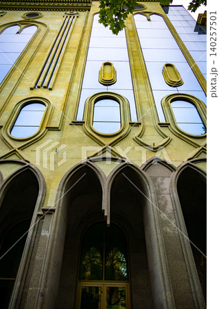 Neo Gothic Building Facade with Pointed Arches Neo Gothic Building Facade with Pointed Arches 140257501