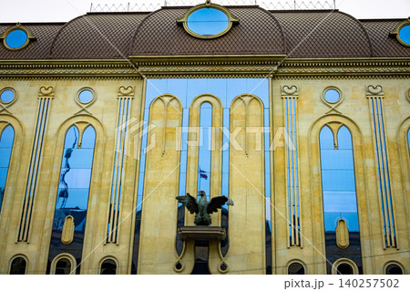 Neo Gothic Building Facade with Pointed Arches 140257502