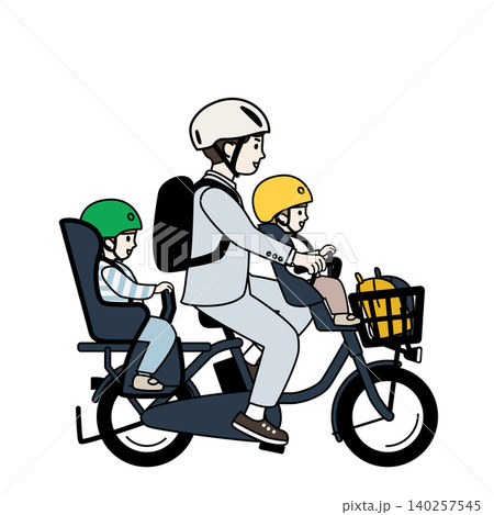 二人の子供を自転車で保育園に送迎するスーツの父親のイラスト・三人乗り自転車 140257545