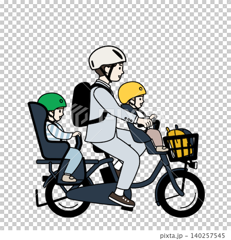 二人の子供を自転車で保育園に送迎するスーツの父親のイラスト・三人乗り自転車 140257545