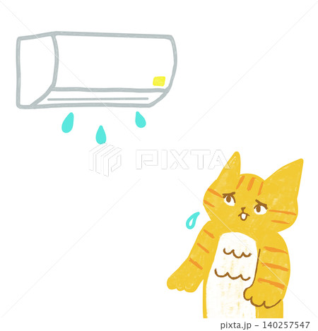 エアコンの水漏れに困る茶トラ猫のイラスト エアコンの水漏れに困る茶トラ猫のイラスト 140257547