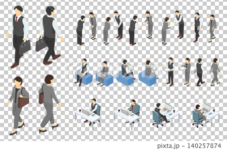 Isometric character illustration: Set of a man in a vest suit and a woman in a pantsuit (business scene) Isometric character illustration: Set of a man in a vest suit and a woman in a pantsuit (business scene) 140257874