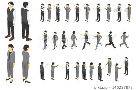 アイソメトリック人物イラスト:ベストスーツの男性とパンツスーツの女性セット(ビジネスシーン) 140257875