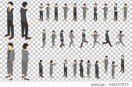 Isometric character illustration: Set of a man in a vest suit and a woman in a pantsuit (business scene) Isometric character illustration: Set of a man in a vest suit and a woman in a pantsuit (business scene) 140257875