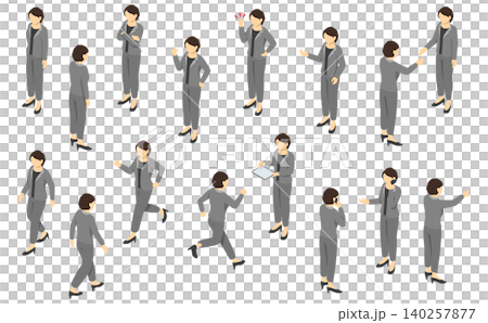 アイソメトリック人物イラスト:パンツスーツの女性セット 140257877