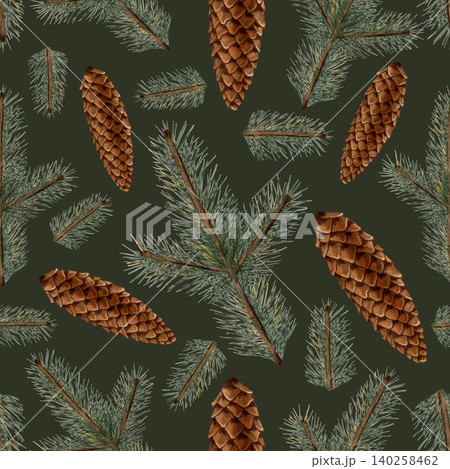 Cozy winter-themed seamless pattern with pine branches and cones. Autumn pattern. Watercolor. Autumn still life. Children's illustration. Suitable for books, packaging, cards, and children's clothing 140258462