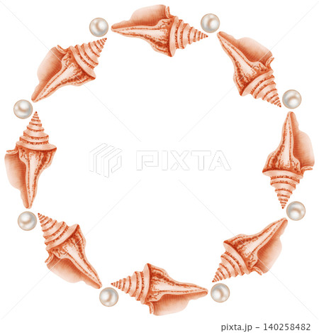 Watercolor wreath made of long spiral seashells. Round marine frame for nautical patterns and summer designs. Children's, nautical, travel themes. Suitable for design, prints, postcards, sea travel Watercolor wreath made of long spiral seashells. Round marine frame for nautical patterns and summer designs. Children's, nautical, travel themes. Suitable for design, prints, postcards, sea travel 140258482