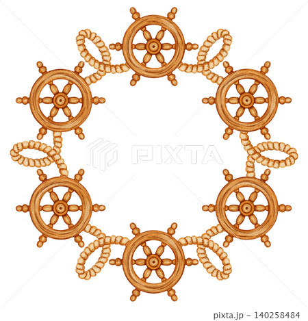 A seamless nautical watercolor wreath with a ship's helm and rope. Suitable for children, nautical themes, and travel. Suitable for design, printing, postcards, and sea travel. A seamless nautical watercolor wreath with a ship's helm and rope. Suitable for children, nautical themes, and travel. Suitable for design, printing, postcards, and sea travel. 140258484