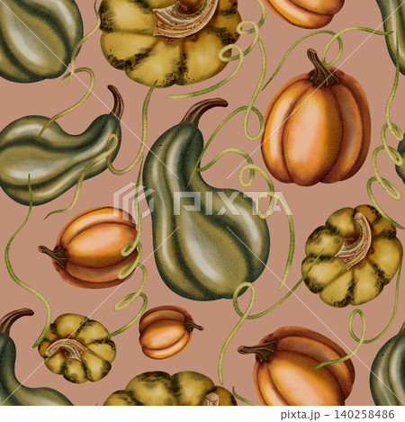 A seamless watercolor pattern with various pumpkins and gourds. Autumn pattern. Autumn still life. Halloween pumpkins. Suitable for books, packaging, cards, and children's clothing. A seamless watercolor pattern with various pumpkins and gourds. Autumn pattern. Autumn still life. Halloween pumpkins. Suitable for books, packaging, cards, and children's clothing. 140258486