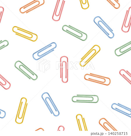 Watercolor seamless pattern with colorful paper clips scattered. Stationery. Traditional symbol of the first of September, knowledge day, back to school season Watercolor seamless pattern with colorful paper clips scattered. Stationery. Traditional symbol of the first of September, knowledge day, back to school season 140258715