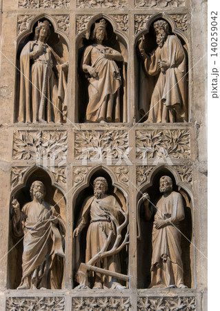 Reims Cathedral interior facade medieval statues and stone carvings 140259042