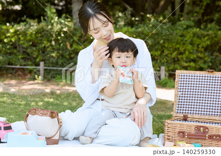 公園でピクニックを楽しむ母親と離乳食パウチを食べる幼児 公園でピクニックを楽しむ母親と離乳食パウチを食べる幼児 140259330