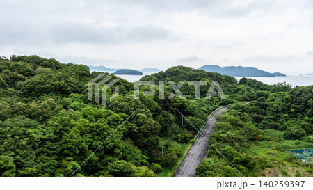 新緑の山並みと瀬戸内海の島々を望む自然豊かな夏の風景（俯瞰） 140259397