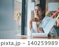Businesswoman holding sales report and pen at office desk, reviewing chart summary, business results and financial data with a calm, confident and professional analytical mindset during office review 140259989