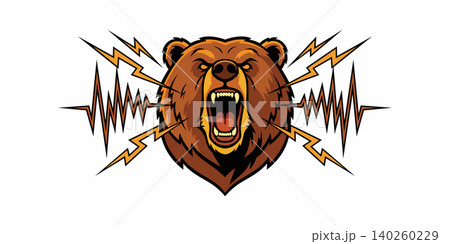 Angry brown bear head with lightning bolts growling lightning aggression predator electricity illustration dangerous wildlife portrait strength striking character 140260229