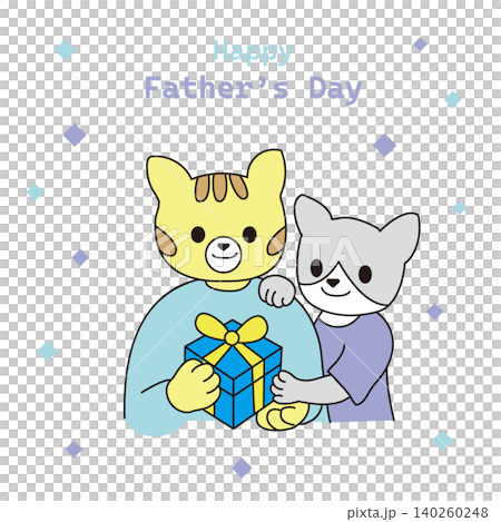 A cute illustration of a cat kitten giving a gift to a parent and child animal on Father's Day. A cute illustration of a cat kitten giving a gift to a parent and child animal on Father's Day. 140260248