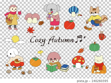 A heartwarming illustration set of animal characters enjoying autumn. A heartwarming illustration set of animal characters enjoying autumn. 140260395