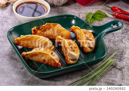 Fried dumplings on green plate with soy sauce and fresh herbs Fried dumplings on green plate with soy sauce and fresh herbs 140260982