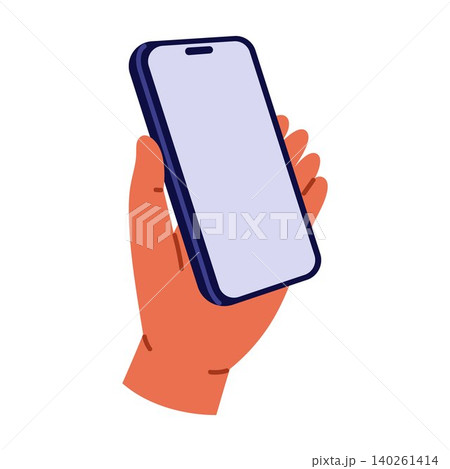 Hand holding smartphone with blank screen. Mobile technology, communication and digital gadget concept. Vector illustration isolated on white background 140261414