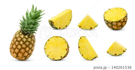 Pineapples or ananas collection. Whole pineapple, half of pineaple and cut in a slice of ananas isolated. Pineapples or ananas collection. Whole pineapple, half of pineaple and cut in a slice of ananas isolated. 140261536