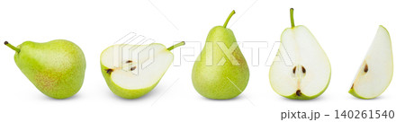 Green juicy pear and cut in a slice and a half of ripe pear isolate collection. Fresh green organic pears fruits isolated set. Green juicy pear and cut in a slice and a half of ripe pear isolate collection. Fresh green organic pears fruits isolated set. 140261540