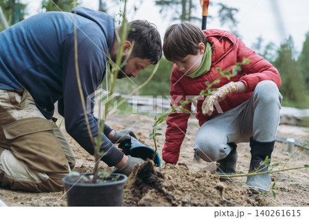 A man and his son plant a dogwood shrub on their countryside property A man and his son plant a dogwood shrub on their countryside property 140261615