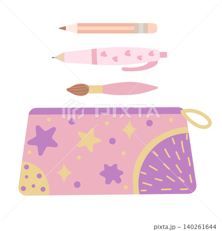 A stylish pencil case pouch packed with stationery pen supplies for school student education A stylish pencil case pouch packed with stationery pen supplies for school student education 140261644
