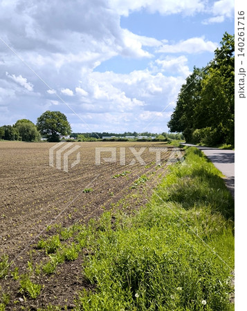 A plowed agricultural field by the road under a cloudy sky A plowed agricultural field by the road under a cloudy sky 140261716