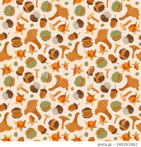Hand-drawn seamless autumn background with mushrooms, acorn, cloudberry, chestnut for fall packaging, seasonal background Hand-drawn seamless autumn background with mushrooms, acorn, cloudberry, chestnut for fall packaging, seasonal background 140261862